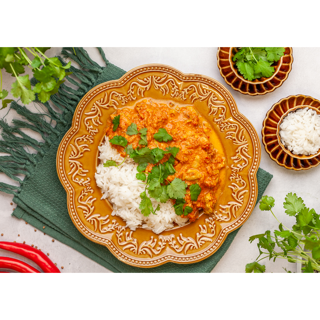 Słoik na Świat gotowe zdrowe danie w sloiku tikka masala Tikka Taj Masala podanie z ryżem.