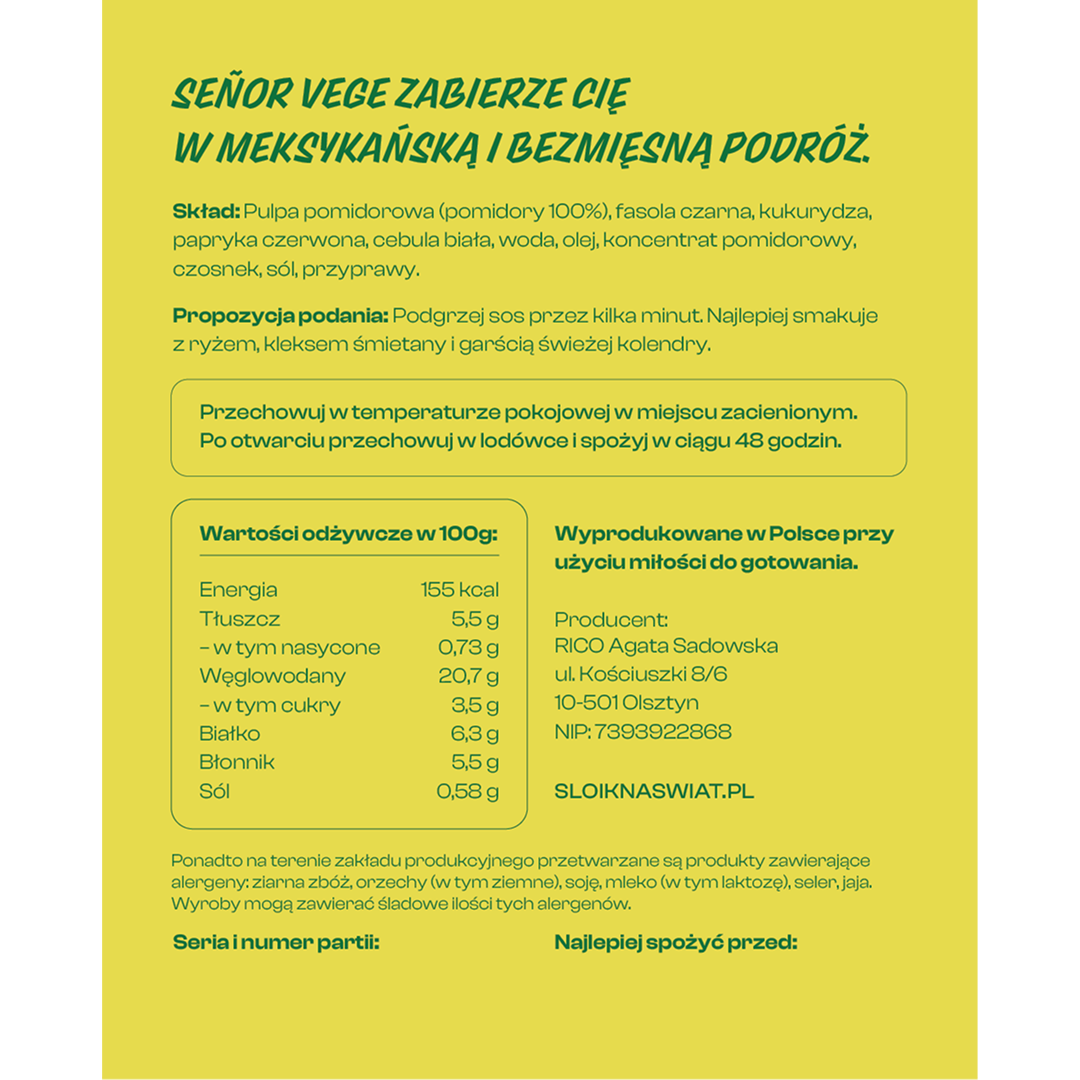 Słoik na świat gotowe zdrowe danie w sloiku wegańskie chili sin carne Señor Vege skład.