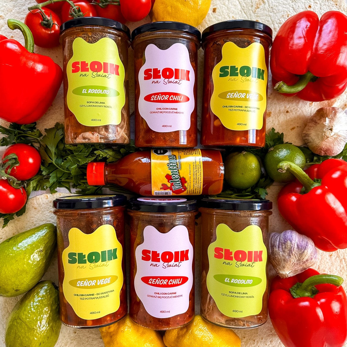 Gotowe zdrowe dania w sloikach: rosół meksykański, chilli sin carne, chili con carne, sos Valentina z Meksyku.
